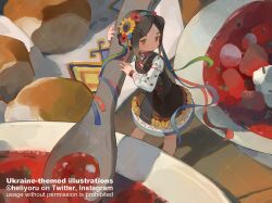 Rule 34 | 1girl, borscht (food), bread, bread bun, brown hair, chibi, choker, deformed, embroidered dress, embroidery, floral print sleeves, flower, flower wreath, food, hair flower, hair ornament, hair ribbon, head wreath, heliyoru, highres, holding, holding food, holding spoon, jewelry, looking to the side, medium hair, napkin, necklace, original, plate, poppy (flower), red eyes, ribbon, shirt, size difference, slavic clothes, spoon, sunflower, table, ukraine, ukrainian clothes, vinok, vyshyvanka, white shirt, wooden table
