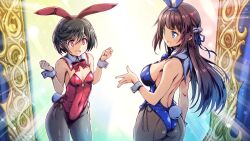 Rule 34 | 2girls, alternate costume, animal ears, back, black hair, black pantyhose, blue bow, blue bowtie, blue eyes, bow, bowtie, breasts, brown hair, detached collar, fake animal ears, gal guardians, gal gun (series), game screenshot, highres, kamizono maya, kamizono shinobu, large breasts, leotard, long hair, looking at another, mirror, multiple girls, official alternate costume, official art, pantyhose, playboy bunny, rabbit ears, rabbit girl, red bow, red bowtie, red eyes, short hair, siblings, sisters, small breasts, standing
