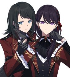 2girls ascot bang_dream! bang_dream!_it&#039;s_mygo!!!!! black_ascot black_gloves black_hair black_vest blue_eyes brooch chinese_commentary closed_mouth commentary_request earrings gloves hair_ribbon hand_on_another&#039;s_chin highres jacket jewelry long_sleeves looking_at_viewer medium_hair mole mole_under_eye multiple_girls purple_eyes red_brooch red_jacket red_ribbon ribbon ringo_orihara second-party_source shiina_taki simple_background upper_body vest watermark weibo_watermark white_background yahata_umiri yuri