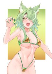 1girl ami_(granblue_fantasy) animal_ears armpits bikini breasts claw_pose claws covered_erect_nipples fangs gold_bikini granblue_fantasy grey_hair hair_over_one_eye highleg highleg_swimsuit highres large_breasts long_hair meshiya navel simple_background solo swimsuit thick_eyebrows underboob yellow_eyes