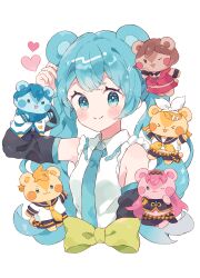 &gt;_&lt; 2boys 4girls :3 absurdres animal_ears aqua_eyes aqua_hair aqua_necktie aqua_scarf arm_at_side armpit_crease belt belt_buckle black_belt black_pants black_sailor_collar black_shirt black_shorts black_sleeves blush bow breasts buckle closed_mouth collared_shirt collared_vest commentary creature cropped_torso crossed_bangs detached_sleeves dot_nose double-parted_bangs english_commentary frilled_necktie frilled_shirt frills furrification furry green_bow hand_up hatsune_miku heart highres ibispaint_(medium) kagamine_len kagamine_rin kaito_(vocaloid) kaito_(vocaloid3) long_hair long_sleeves looking_at_viewer megurine_luka meiko_(vocaloid) meiko_(vocaloid3) multiple_boys multiple_girls napo_(napo_illust) necktie one_eye_closed orange_necktie pants pink_skirt pink_vest sailor_collar scarf shirt shorts simple_background skirt sleeveless sleeveless_shirt small_breasts smile sparkle split_mouth twintails upper_body vest vocaloid wavy_hair white_background white_shirt