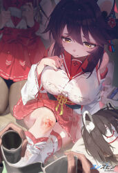 Rule 34 | 1other, 3girls, absurdres, animal ears, bandages, bare shoulders, black hair, black pantyhose, blood, blood on leg, blue archive, blush, breasts, bruise, bruise on knee, bruise on leg, closed mouth, commentary request, detached sleeves, eye mask, fluff, hair between eyes, hakama, hakama skirt, highres, holding bandages, injury, japanese clothes, kaede (blue archive), kimono, kneeling, large breasts, mimori (blue archive), multiple girls, oppai loli, pantyhose, raccoon ears, raccoon girl, red hakama, red sailor collar, red skirt, sailor collar, sitting, skirt, sleep mask, solo focus, sushispin, thighs, tsubaki (blue archive), white kimono, white sleeves, wide sleeves, yellow eyes