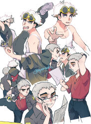 Rule 34 | 2boys, belt, black hair, black pants, collarbone, commentary request, eye contact, gen 7 pokemon, glasses, guzma (pokemon), highres, holding, holding paper, holding poke ball, hood, hooded jacket, jacket, looking at another, male focus, multicolored hair, multiple boys, nanu (pokemon), newspaper, nintendo, nyoripoke, off shoulder, open mouth, pants, paper, poke ball, pokemon, pokemon sm, red shirt, shirt, shoes, sleeveless, sleeveless shirt, sunglasses, teeth, two-tone hair, ultra ball, white hair, white shirt, wimpod, yellow-framed eyewear