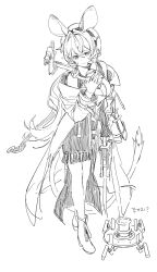 1girl absurdres animal_ears arknights bare_shoulders beret breasts closed_mouth ddal dorothy_(arknights) fringe_trim full_body gloves greyscale hair_between_eyes hand_up hat highres jacket long_sleeves looking_at_viewer medium_breasts monochrome off_shoulder open_clothes open_jacket robot shirt simple_background skirt sleeveless sleeveless_shirt smile solo standing translation_request white_background