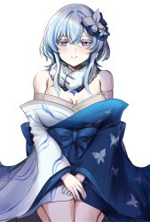 1girl absurdres alternate_costume bare_shoulders blue_hair breasts closed_mouth colored_eyelashes commentary flareza flower hair_between_eyes hair_flower hair_ornament highres large_breasts long_hair looking_at_viewer off_shoulder purple_eyes shorekeeper_(wuthering_waves) simple_background smile solo white_background white_flower wuthering_waves