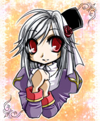 Rule 34 | 1girl, 2000s (style), black hat, closed mouth, commentary request, dress, flower, grey hair, hair flower, hair ornament, hat, juliet sleeves, long hair, long sleeves, looking at viewer, lowres, mini hat, mini top hat, own hands together, priest (ragnarok online), puffy sleeves, purple dress, ragnarok online, red eyes, red flower, red rose, rose, smile, solo, swept bangs, tomiya airu, top hat, upper body