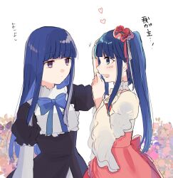 2girls black_dress blue_bow blue_eyes blue_hair blunt_bangs blunt_ends bow commentary_request dress frederica_bernkastel furudo_erika headpat heart looking_at_another momonkii multiple_girls purple_eyes standing translation_request twintails umineko_no_naku_koro_ni white_background