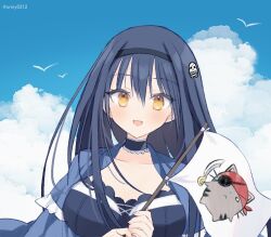 1girl :d aiyan bird black_choker black_hair black_hairband blue_capelet blue_sky blush breasts capelet choker cloud commentary_request day flag frilled_capelet frilled_choker frills hair_between_eyes hairband happy holding holding_flag kushima_kamome large_breasts long_hair looking_at_viewer open_mouth outdoors seagull sky smile solo straight_hair summer_pockets twitter_username upper_body white_flag yellow_eyes