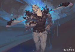 1boy animal_ears arknights bara bare_arms black_tank_top brass_knuckles bulge chain chain_necklace covered_erect_nipples cowboy_shot dog_tags furry furry_male glowing glowing_eyes jacket jacket_on_shoulders jewelry looking_to_the_side luerstine male_focus mountain_(arknights) muscular muscular_male necklace pants pectorals scar scar_across_eye scar_on_face short_hair shoulder_spikes solo spikes tank_top tiger_boy tiger_ears tiger_stripes weapon white_fur white_pants