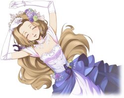 Rule 34 | 1girl, ^ ^, arms up, artist request, blue flower, blue rose, blush, bracelet, breasts, bride, brown hair, cleavage, closed eyes, code geass, code geass: lost stories, collarbone, dress, dutch angle, earrings, elbow gloves, facing viewer, female focus, floral print, flower, forehead, game cg, gloves, green flower, green rose, hair flower, hair intakes, hair ornament, happy, highres, jewelry, light blush, long dress, long hair, lying, non-web source, nunnally vi britannia, off-shoulder dress, off shoulder, official art, on back, open mouth, purple flower, purple rose, rose, small breasts, smile, solo, straight-on, wedding dress, white dress, white flower, white gloves, white rose, white tiara, yellow flower, yellow rose