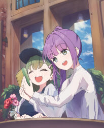 2girls :d ^_^ absurdres baseball_cap black_camisole black_shirt brick_wall camisole closed_eyes commentary_request flower green_eyes green_hair grey_hat hair_bun hair_ornament hairclip hat highres holding holding_phone lao_ren_xing link!_like!_love_live! lone_nape_hair long_hair long_sleeves love_live! multiple_girls ogami_sachi open_mouth otomune_kozue outdoors parallel_hairclips phone pink_flower purple_hair red_flower see-through_clothes see-through_shirt shirt side_ponytail sidelocks single_side_bun sitting smile vase virtual_youtuber white_shirt window