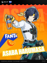 1boy ahoge aqua_jacket asaba_harumasa belt belt_pouch black_belt black_choker black_hair black_necktie black_pants can character_name chinese_commentary choker clothes_around_waist collared_shirt commentary_request copyright_name drink_can fanta gloves gradient_background grin hair_intakes hand_up headband highres holding holding_can jacket jacket_around_waist looking_at_viewer male_focus necktie official_art orange_background outline outstretched_arm pants parted_bangs parted_lips pouch ribbon shirt short_hair smile soda_can solo thigh_strap tie_clip white_outline white_shirt wing_collar yellow_eyes yellow_gloves yellow_headband zenless_zone_zero