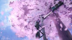 blue_sky cherry_blossoms highres landscape no_humans object_focus original outdoors signature sky takano_higashi traffic_light tree
