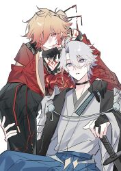 Rule 34 | 2boys, absurdres, antenna hair, black choker, blonde hair, blue eyes, braid, chest tattoo, chinese commentary, choker, commentary request, facial tattoo, gradient hair, grey kimono, hair between eyes, hair ornament, hair stick, highres, holding, holding sword, holding weapon, honkai: star rail, honkai (series), japanese clothes, kimono, male focus, medium hair, multicolored hair, multiple boys, mydei (honkai: star rail), neck tattoo, parted bangs, phainon (honkai: star rail), red hair, red kimono, red tattoo, short hair, side braid, simple background, sun symbol, sun tattoo, sword, tan, tattoo, weapon, white background, white hair, yaoi, yellow eyes, zixu252370