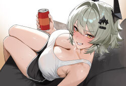 1girl absurdres black_horns black_shorts breasts caesar_king_(zenless_zone_zero) camisole can cleavage commentary_request couch dolphin_shorts drink_can from_above green_hair hair_ornament highres holding holding_can horns korean_commentary large_breasts mokopan on_couch open_mouth shorts sitting solo teeth textless_version thighs white_camisole yellow_eyes zenless_zone_zero