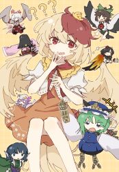 6+girls ? ?? animal animal_on_head bird bird_on_head black_hair blonde_hair feathered_wings fujiwara_no_mokou green_hair highres houraisan_kaguya looking_at_viewer multiple_girls niwatari_kutaka on_head patchouli_knowledge red_eyes reiuji_utsuho shameimaru_aya shiki_eiki touhou wakasagihime white_hair wings wusem0108 yellow_background