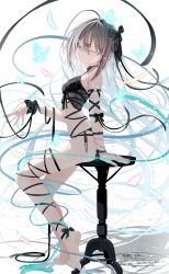 1girl absurdly_long_hair absurdres arm_ribbon barefoot black_bow black_bra black_panties black_ribbon blue_eyes bow bra brown_hair bug butterfly floating_hair grey_hair hair_bow hair_ornament hairclip head_tilt highres insect leg_ribbon lingerie long_hair multicolored_hair original panties ribbon sajin_(user_pvrm4582) sitting soles solo underwear very_long_hair white_background wrist_bow x_hair_ornament