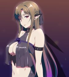 1girl alternate_color alternate_eye_color alternate_wing_color asuna_(sao) bare_shoulders black_wings braid breasts brown_hair cleavage closed_mouth demon_girl demon_wings ear_armor ear_covers earrings fairy fairy_wings half_up_braid jewelry large_breasts long_hair multicolored_background navel pointy_ears puge red_eyes see-through_clothes shiny_clothes solo stomach sword_art_online titania_(sao) upper_body wings
