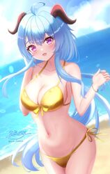 1girl ahoge alternate_costume bare_shoulders beach bikini blue_sky blush breasts cleavage cloud collarbone commentary_request cowboy_shot day ganyu_(genshin_impact) genshin_impact goat_horns gold_bikini golden_week golden_week_bikini hair_between_eyes hand_in_own_hair hands_up highres horns hyakuya_iori large_breasts long_hair looking_at_viewer navel open_mouth outdoors purple_eyes side-tie_bikini_bottom signature sky solo stomach sunlight swimsuit twitter_username very_long_hair water