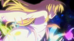 1girl animated animated_gif arched_back ass ass_focus blonde_hair bra camisole dissolving_clothes exploding_clothes hair_down henshin loli long_hair lyrical_nanoha mahou_shoujo_lyrical_nanoha_vivid official_art panties solo striped_clothes striped_panties training_bra transformation underwear unworn_clothes vivio