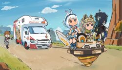 aqua_headband bandana bandana_around_neck black_shirt chinchilla_ears chinchilla_girl chinchilla_tail crossed_bangs drill driving_license fish-shaped_pupils genshin_impact green_bandana green_headband hawaiian_clothes headband highres kachina_(genshin_impact) kinich_(genshin_impact) motor_vehicle motorhome mualani_(genshin_impact) recreational_vehicle shirt tartaglia_(genshin_impact) van xinzoruo