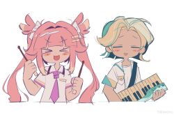 1boy 1girl animal_ear_hairband animal_ears cookie_run cookie_run:_ovenbreak drumsticks fake_animal_ears hairband highres holding holding_drumsticks humanization instrument keytar long_hair looking_at_viewer mint_wafer_cookie necktie open_mouth pink_hair rabbit_ear_hairband rabbit_ears simple_background smile strawberry_stick_cookie takawoyu very_long_hair white_background