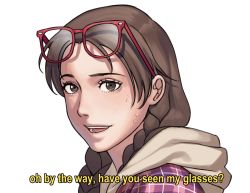 1girl braid brown_eyes brown_hair commentary english_commentary english_text eyewear_on_head glasses hair_over_shoulder hanny_(uirusu_chan) highres hood hood_down hoodie julia_chang long_hair looking_at_viewer looking_for_glasses namco plaid_clothes plaid_shirt portrait red-framed_eyewear shirt solo subtitled sweatdrop teeth tekken tekken_7 truth twin_braids upper_teeth_only