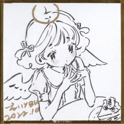 1girl absurdres angel angel_wings bare_arms blueberry blunt_bangs buttons cake cake_slice center_frills chinese_commentary collared_dress commentary_request dated dress elbows_on_table expressionless eyelashes feathered_wings food frilled_dress frills fruit greyscale hair_ribbon halo hidari_(nanmu-left) highres looking_ahead medium_hair monochrome original own_hands_together plate puffy_short_sleeves puffy_sleeves ribbon short_sleeves signature sitting solo spot_color strawberry tareme traditional_halo traditional_media two_side_up upper_body watermark weibo_watermark wings yellow_halo yellow_pupils