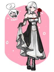 1girl alternate_costume bare_shoulders black_bow black_gloves black_shoes blue_eyes border bow breasts character_name cleavage closed_mouth dress faust_(project_moon) flower full_body gloves hair_bow highres holding holding_flower jewelry limbus_company looking_at_viewer necklace nra_3614 pink_background project_moon red_flower red_rose rose shoes short_hair simple_background solo standing white_border white_dress white_hair