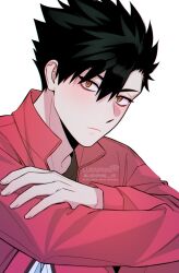 1boy black_hair closed_mouth haikyuu!! hair_between_eyes highres jacket korean_commentary kuroo_tetsurou long_sleeves looking_at_viewer lukapang male_focus orange_eyes red_jacket short_hair simple_background slit_pupils solo spiked_hair upper_body white_background