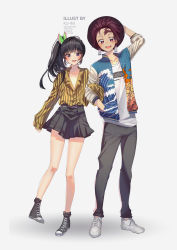 1boy 1girl :d alternate_costume artist_name black_footwear black_hair black_pants black_skirt blush brown_eyes brown_hair burn_scar butterfly_hair_ornament commentary contemporary earrings english_commentary hair_ornament hanafuda hand_in_pocket hand_on_headwear hat highres jacket jewelry kamado_tanjirou kimetsu_no_yaiba ku-ini locked_arms long_hair long_sleeves open_clothes open_jacket open_mouth pants purple_eyes scar scar_on_face scar_on_forehead shirt shoes side_ponytail skirt sleeves_past_wrists smile sneakers striped_clothes striped_shirt tsuyuri_kanao white_background white_footwear white_shirt yellow_shirt