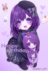 1girl 2025 :d absurdres aegyo_sal aged_down asahina_mafuyu asahina_mafuyu&#039;s_mother beret black_dress black_hat black_pantyhose black_shoes bow bowtie cake cake_slice character_doll child collared_dress commentary_request dated doll dress eyeshadow food from_above fruit full_body grey_bow hair_between_eyes happy_birthday hat hat_bow heart highres holding holding_doll jishou_210 long_sleeves makeup medium_hair open_mouth pantyhose project_sekai purple_background purple_bow purple_bowtie purple_eyes purple_eyeshadow purple_hair purple_theme red_brooch shoes simple_background sitting smile solo sparkle strawberry strawberry_cake stuffed_animal stuffed_rabbit stuffed_toy tongue wariza