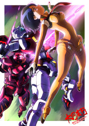 Rule 34 | 1girl, backstab, battle, black hair, blue eyes, blue visor, bob cut, breasts, cable, death, duel, earth federation, earth federation space forces, energy sword, extra eyes, gelgoog (gquuuuuux), glowing, glowing eyes, gundam, gundam gquuuuuux, highres, machinery, mecha, mecha focus, mecha pilot suit, mobile suit, normal suit (gundam), purple eyes, red gundam, red scarf, robot, scarf, science fiction, shiiko sugai, spoilers, stab, sword, taiga hiroyuki, v-fin, weapon