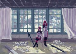 2girls black_footwear blue_eyes blunt_bangs boots commentary_request curtains devola dress flower hair_between_eyes hair_flower hair_ornament highres medium_hair multiple_girls nier nier_(series) nutori_manga pants popola red_hair red_pants sunlight sword weapon white_dress window