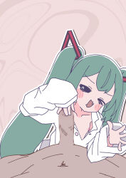 &gt;_o 1boy 1girl absurdres aqua_hair black_sclera blush_stickers censored colored_sclera commentary_request drooling fang flat_chest handjob hatsune_miku hetero highres loli long_hair long_sleeves looking_at_viewer mesugaki mimukauwa_nice_try_(vocaloid) mosaic_censoring mouth_drool nipples oishi_kuwagata one_eye_closed open_mouth outline paid_reward_available penis pov pov_crotch shirt skin_fang sleevejob twintails vocaloid white_outline white_shirt