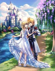 1boy 1girl alternate_costume bare_shoulders black_gloves black_pants blonde_hair blue_eyes blue_sky castle cloud commentary day dress english_commentary formal_clothes gloves grass hair_between_eyes highres holding_hands hollypolllyy jacket kingdom_hearts kingdom_hearts_ii long_hair long_sleeves looking_at_another namine nomura_tetsuya_(style) outdoors pants pointy_hair river roxas sandals short_hair skirt_hold sky sleeveless sleeveless_dress toes tree water white_dress white_footwear white_jacket