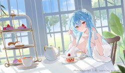 Rule 34 | 1girl, absurdres, bao (vtuber), blue hair, blue nails, blue sky, breasts, cake, cake slice, chair, cleavage, closed mouth, cloud, collarbone, cup, dress, feather boa, flower, food, fruit, hair flower, hair ornament, highres, indie virtual youtuber, jewelry, large breasts, long hair, macaron, momokochiiyo, necklace, on chair, pearl necklace, plant, red eyes, rose, saucer, sitting, sky, smile, solo, strawberry, table, tea, teacup, teapot, tiara, tree, twitter username, virtual youtuber, white dress, white flower, white rose