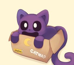 :d absurdres animal animal_ears animal_focus animal_hands animal_nose baby_animal black_eyes body_fur box bright_pupils cardboard cat cat_ears catnap_(poppy_playtime) crescent highres in_box in_container kitten looking_at_viewer no_humans open_mouth poppy_playtime purple_fur purple_tail rapiket simple_background smile tail white_pupils yellow_background