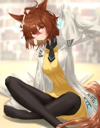 1girl absurdres agnes_tachyon_(umamusume) ahoge animal_ears black_necktie black_pantyhose black_shirt brown_hair brown_tail closed_mouth collared_shirt crossed_legs earrings hair_between_eyes highres holding holding_test_tube horse_ears horse_girl horse_tail jewelry lab_coat light_smile looking_at_viewer medium_hair messy_hair necktie no_shoes pantyhose red_eyes shirt short_necktie sidelocks single_earring sitting sleeves_past_fingers sleeves_past_wrists solo tail test_tube tsumura_(user_fvej5527) umamusume very_long_sleeves wide_sleeves zipper