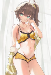 1girl absurdres ahoge arm_at_side armpit_peek bare_shoulders black_trim breasts brown_hair camisole clothes_down collarbone commentary_request cowboy_shot curtains dot_nose finger_to_mouth frilled_camisole frills green_eyes groin hair_between_eyes hair_flaps hand_up highres hololive indoors jacket long_sleeves looking_at_viewer micro_shorts natsuiro_matsuri natsuiro_matsuri_(matsuri&#039;s_day_off) navel off_shoulder official_alternate_costume orange_shorts parted_lips sahatarakau scrunchie short_shorts shorts side_ponytail sideboob sidelighting sidelocks small_breasts solo strap_slip striped_clothes striped_jacket thighhighs underwear virtual_youtuber white_stripes window yellow_camisole yellow_jacket yellow_scrunchie yellow_shorts