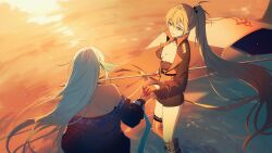 2girls ahoge amazuki_jou azur_lane black_shorts boots breasts brown_hair cleavage dawn flag hair_between_eyes highres holding_hands jean_bart_(azur_lane) long_hair massachusetts_(azur_lane) multiple_girls ocean off_shoulder ponytail red_eyes short_shorts shorts striped_clothes striped_thighhighs thighhighs vertical-striped_clothes vertical-striped_thighhighs vichya_dominion_(emblem) white_hair yuri