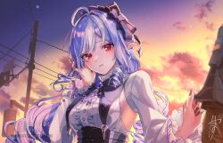 1boy 1girl ahoge aratakosu_(tako&#039;s) artist_name black_bow black_bowtie bow bowtie brooch commentary_request dress drill_hair frilled_sleeves frills hair_bow highres jewelry long_hair long_sleeves looking_at_viewer mole mole_under_eye multicolored_hair open_mouth outdoors pointy_ears purple_hair red_eyes solo_focus streaked_hair sunset two-tone_hair vivian_(zenless_zone_zero) watermark white_dress white_hair wise_(zenless_zone_zero) zenless_zone_zero