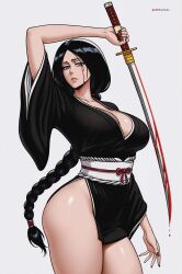 1girl absurdres ai-assisted artist_name black_hair bleach blood blood_on_face bloody_weapon braid braided_ponytail breasts collarbone female_focus highres holding holding_sword holding_weapon large_breasts lips long_hair looking_at_viewer patreon_username prixmal shihakusho shiny_skin simple_background sword unohana_retsu weapon zanpakutou