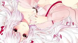 Rule 34 | 1girl, bad id, bad pixiv id, blush, bow, bra, female focus, fujiwara no mokou, hair bow, komine, lace, lace-trimmed bra, lace trim, lingerie, long hair, lying, midriff, on back, open clothes, open shirt, red eyes, shirt, silver hair, solo, touhou, underwear, white bra