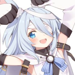 1girl :d bad_link blue_eyes blue_hair cape elbow_gloves gloves little_witch_nobeta long_hair looking_at_viewer lowres monica_(little_witch_nobeta) official_art one_eye_covered open_mouth shirt simple_background sleeveless smile solo transparent_background upper_body white_shirt