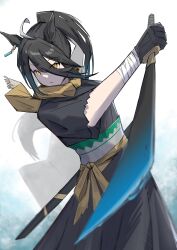 1girl absurdres ahoge animal_ears bandaged_arm bandages black_gloves black_hair black_kimono brown_scarf ear_tag earrings gloves grey_hair grey_sash hair_between_eyes high_ponytail highres holding holding_sword holding_weapon horse_ears horse_girl japanese_clothes jewelry kimono long_bangs long_hair long_hair_between_eyes manhattan_cafe_(umamusume) mitsune_(3chune) multicolored_hair obi ponytail sash scabbard scarf sheath short_sleeves single_earring solo sword very_long_hair weapon yellow_eyes