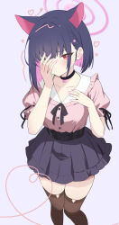 1girl absurdres alternate_costume animal_ears black_choker black_hair black_ribbon black_skirt blue_archive blush brown_thighhighs cat_ears cat_girl choker colored_inner_animal_ears colored_inner_hair commentary_request extra_ears feet_out_of_frame grey_background halo hand_on_own_chest hand_over_eye hands_up heart highres jirai_kei kazusa_(blue_archive) kurumi_kororin miniskirt multicolored_hair neck_ribbon pink_hair pink_halo pink_shirt pleated_skirt puffy_short_sleeves puffy_sleeves red_eyes ribbon shirt short_hair short_sleeves simple_background skirt solo thighhighs two-tone_hair zettai_ryouiki