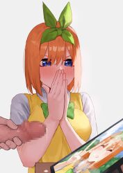 Rule 34 | 1boy, 1girl, after ejaculation, amog, blue eyes, blush, bob cut, bow, breasts, censored, collared shirt, commentary request, covering mouth, covering own mouth, cum, cum on object, cum on picture, embarrassed, go-toubun no hanayome, green bow, green hairband, green ribbon, hair between eyes, hair ribbon, hairband, hands on own face, highres, juxtaposition, large breasts, male masturbation, masturbation, medium hair, mosaic censoring, nakano yotsuba, orange hair, own hands clasped, own hands together, penis, photo (object), ribbon, school uniform, shirt, simple background, sweater, sweater vest, watching, white background, white shirt, yellow sweater, yellow sweater vest