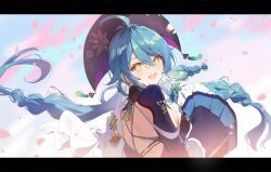 1girl ahoge back back_cutout blue_hair blush braid breasts clothing_cutout day eyelashes falling_petals flower hair_between_eyes highres holding holding_flower letterboxed long_hair long_sleeves looking_at_viewer looking_back necomi nijisanji open_mouth outdoors petals pink_petals sideboob sidelocks solo star-shaped_pupils star_(symbol) symbol-shaped_pupils tamanoi_nana tassel teeth tongue upper_body upper_teeth_only virtual_youtuber white_flower yellow_eyes
