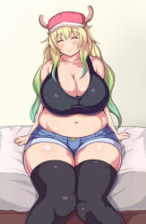 Rule 34 | 1girl, aqua hair, blonde hair, breasts, cleavage, closed eyes, gradient hair, green hair, highres, horns, huge breasts, kobayashi-san chi no maidragon, long hair, lucoa (maidragon), mahira (pixiv174324), multicolored hair, navel, plump, sitting, smile, solo, thick thighs, thighhighs, thighs, wide hips
